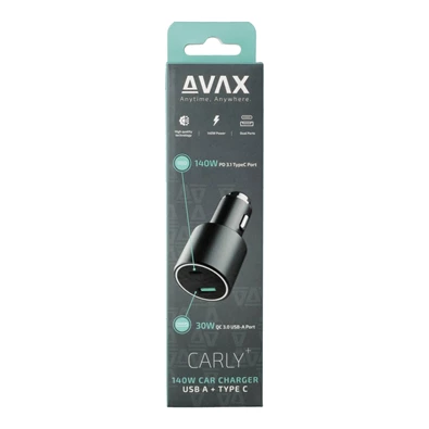 AVAX CC680B CARLY+ 140W USB A+Type C fekete autós töltő AVAX CC680B CARLY+ 140W USB A+Type C fekete autós töltő