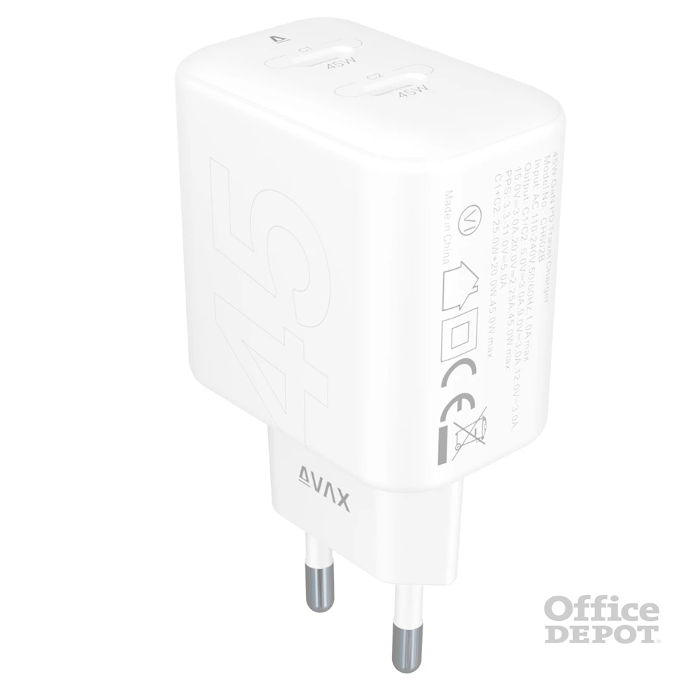 AVAX CH602W SPEEDY+ 45W GaN 2x USB-C PD3.0 fehér gyors töltő adapter