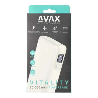 AVAX PB202W VITALITY 20000mAh Type C/PD 65W+QC18W gyorstöltő fehér power bank AVAX PB202W VITALITY 20000mAh Type C/PD 65W+QC18W gyorstöltő fehér power bank