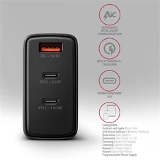 AXAGON ACU-DPQ100 3x port (USB + dual USB-C), PD3.0/QC4+/PPS/Apple 100W fekete GaN töltő AXAGON ACU-DPQ100 3x port (USB + dual USB-C), PD3.0/QC4+/PPS/Apple 100W fekete GaN töltő
