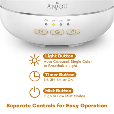 Anjou AJ-ADA003 fehér ultrahangos illóolaj párásító LED fénnyel Anjou AJ-ADA003 fehér ultrahangos illóolaj párásító LED fénnyel