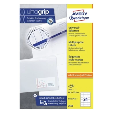 Avery 3658 QP 64,6×33,8mm univerzális 2400db-os etikett Avery 3658 QP 64,6×33,8mm univerzális 2400db-os etikett