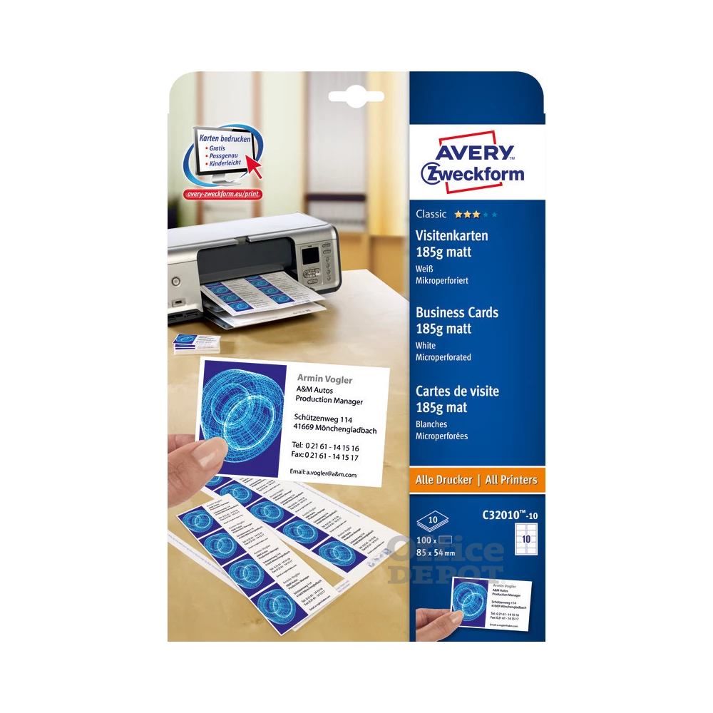 Avery C32010-10 85x54mm univerzális 100db-os fehér névjegykártya