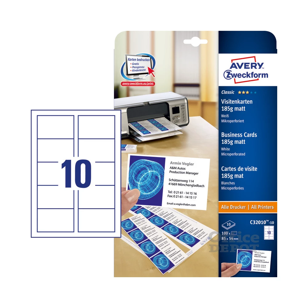 Avery C32010-10 85x54mm univerzális 100db-os fehér névjegykártya