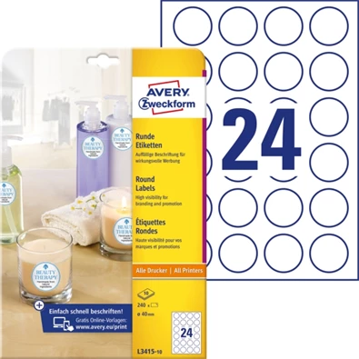 Avery L3415-10 40mm átmérőjű 240db-os fehér kör alakú öntapadó etikett Avery L3415-10 40mm átmérőjű 240db-os fehér kör alakú öntapadó etikett