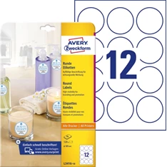 Avery L3416-10 60mm átmérőjű 120db-os fehér kör alakú öntapadó etikett Avery L3416-10 60mm átmérőjű 120db-os fehér kör alakú öntapadó etikett