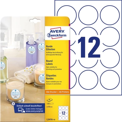 Avery L3416-10 60mm átmérőjű 120db-os fehér kör alakú öntapadó etikett Avery L3416-10 60mm átmérőjű 120db-os fehér kör alakú öntapadó etikett