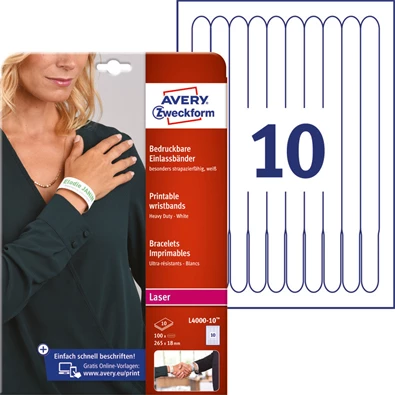 Avery L4000-10 265x18mm nyomtatható 10db-os fehér karszalag Avery L4000-10 265x18mm nyomtatható 10db-os fehér karszalag