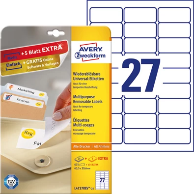 Avery L4737REV-25 63,5x29,6mm visszaszedhető 810db-os etikett Avery L4737REV-25 63,5x29,6mm visszaszedhető 810db-os etikett