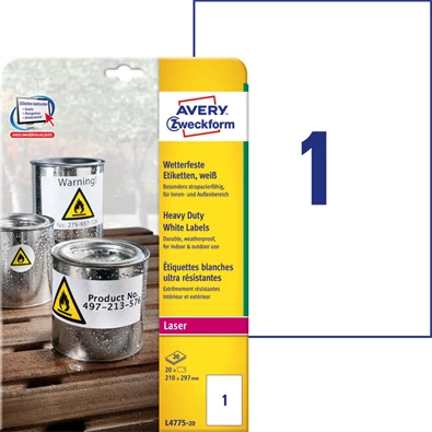 Avery L4775-20 210×297mm vízálló 20db-os fehér etikett Avery L4775-20 210×297mm vízálló 20db-os fehér etikett