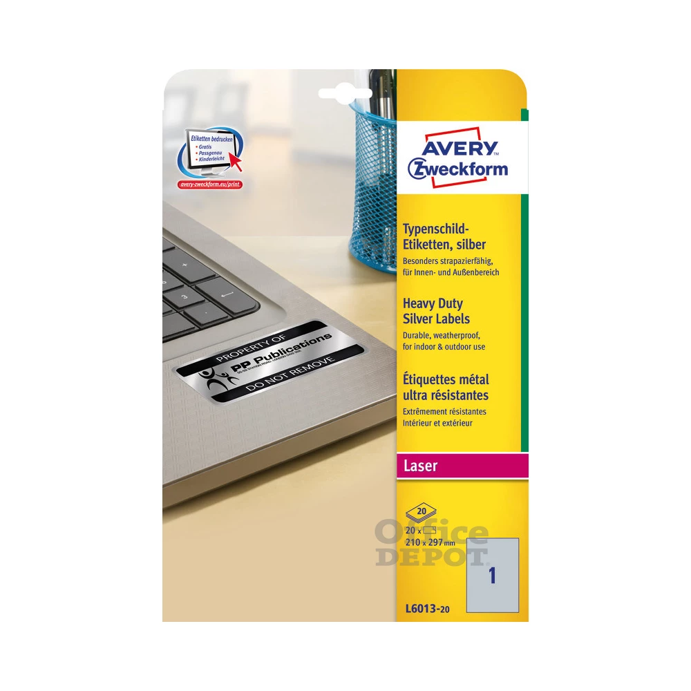 Avery L6013-20 210×297mm vízálló 20db-os ezüst etikett