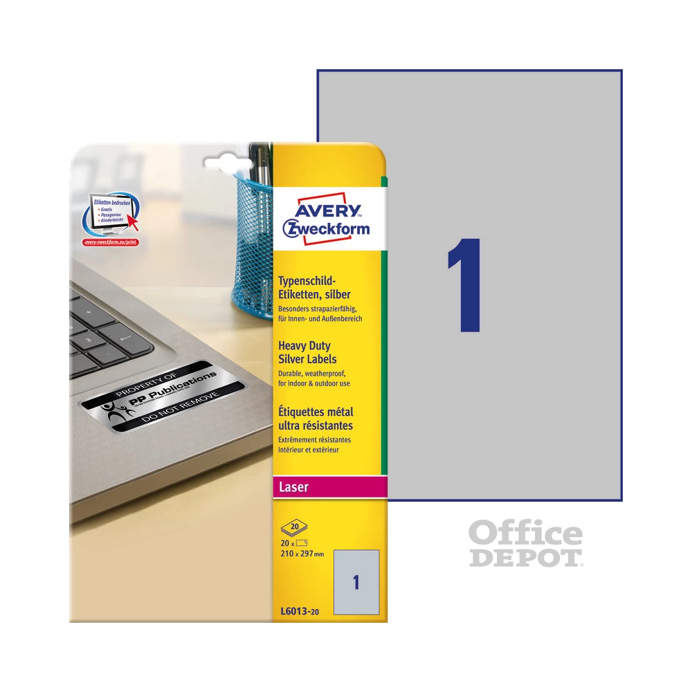 Avery L6013-20 210×297mm vízálló 20db-os ezüst etikett