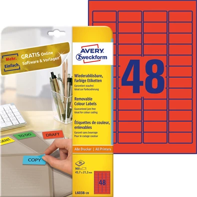 Avery L6038-20 45,7x21,2mm visszaszedhető 960db-os piros etikett Avery L6038-20 45,7x21,2mm visszaszedhető 960db-os piros etikett