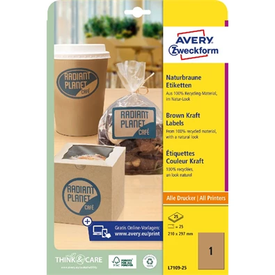 Avery L7109-25 210x297mm újrahasznosított barna kraft etikett Avery L7109-25 210x297mm újrahasznosított barna kraft etikett
