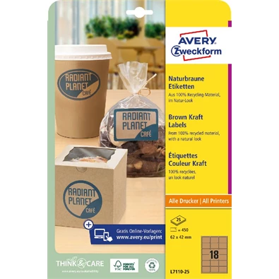 Avery L7110-25 62x42mm újrahasznosított barna kraft etikett Avery L7110-25 62x42mm újrahasznosított barna kraft etikett