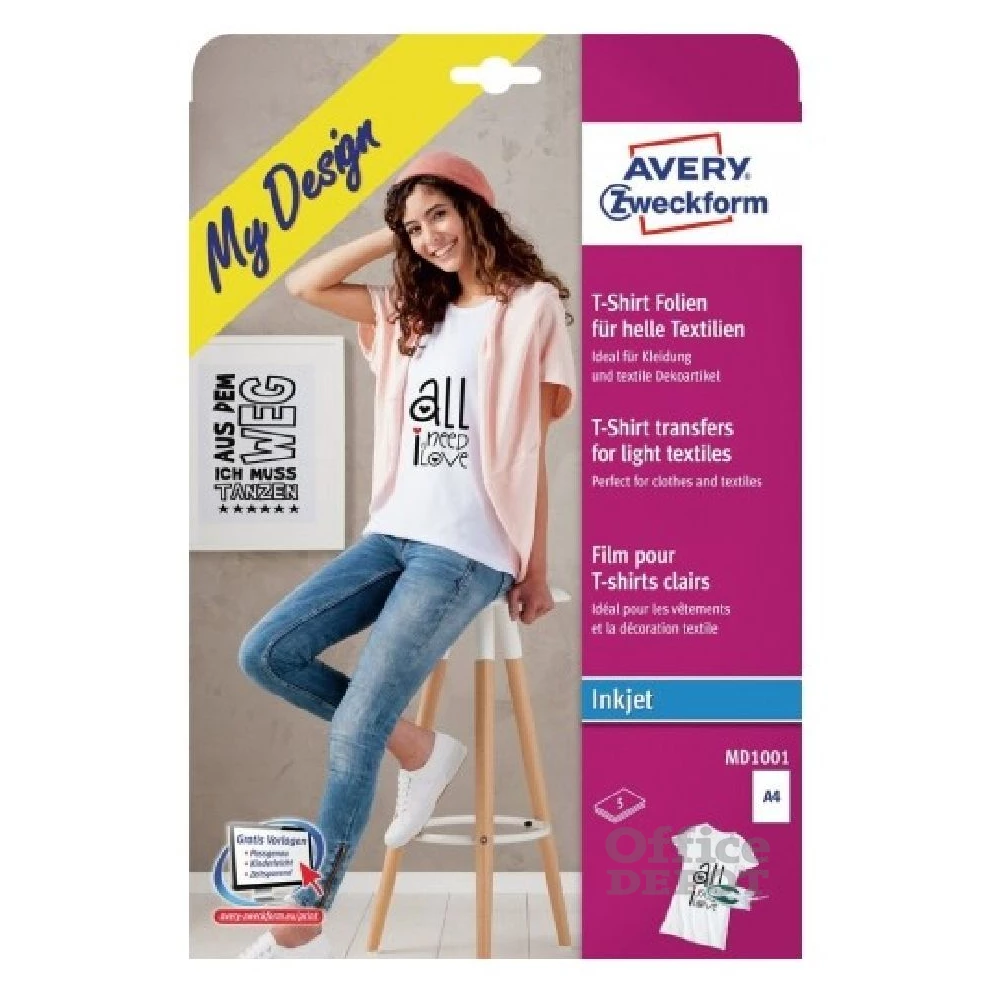 Avery MD1001 A4 világos/fehér textilre vasalható 5db fólia