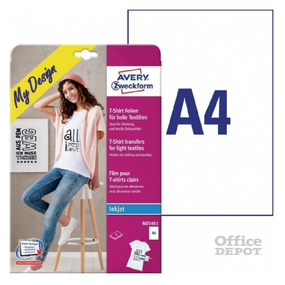 Avery MD1001 A4 világos/fehér textilre vasalható 5db fólia