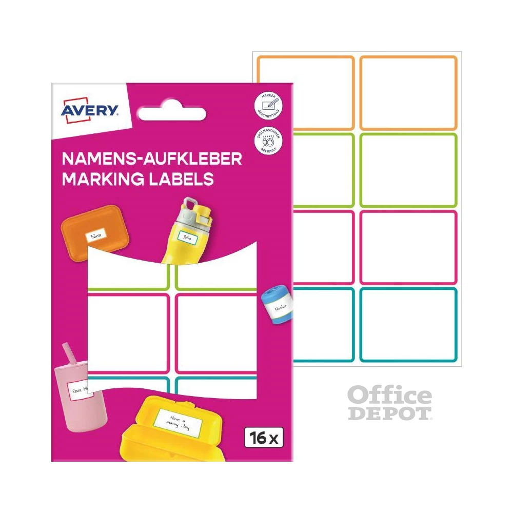 Avery NAME16C iskolai 46x33 mm 16 db öntapadós színes vízálló fólia