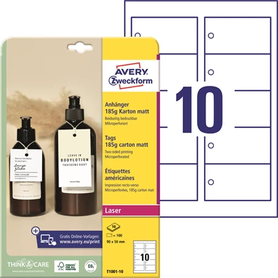 Avery T1001-10 185g 90x50mm 100db-os mikroperforált karton függő címke Avery T1001-10 185g 90x50mm 100db-os mikroperforált karton függő címke