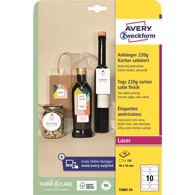 Avery T2002-10 220g 90x50mm 100db-os sima élű,vágott sarkú karton függő címke Avery T2002-10 220g 90x50mm 100db-os sima élű,vágott sarkú karton függő címke