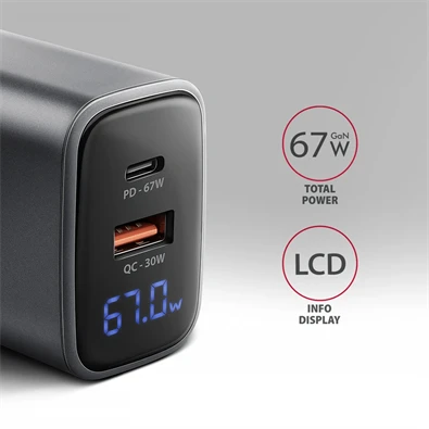 Axagon ACU-PQ67D PD3.0 & QC4+ 2× OUTPUTS, LCD kijelzővel és két kimenettel (USB-A + USB-C) 67W GaN hálózati töltő