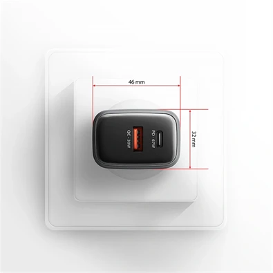 Axagon ACU-PQ67D PD3.0 & QC4+ 2× OUTPUTS, LCD kijelzővel és két kimenettel (USB-A + USB-C) 67W GaN hálózati töltő