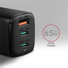 Axagon ACU-DPQ65 GaN USB-A + 2xUSB-C PD3.0/QC4+/PPS/Apple 65W hálózati töltő Axagon ACU-DPQ65 GaN USB-A + 2xUSB-C PD3.0/QC4+/PPS/Apple 65W hálózati töltő