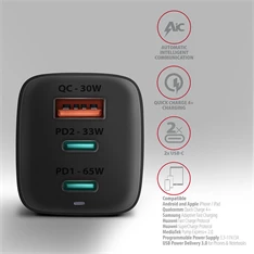 Axagon ACU-DPQ65 GaN USB-A + 2xUSB-C PD3.0/QC4+/PPS/Apple 65W hálózati töltő Axagon ACU-DPQ65 GaN USB-A + 2xUSB-C PD3.0/QC4+/PPS/Apple 65W hálózati töltő