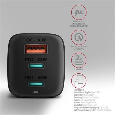 Axagon ACU-DPQ65 GaN USB-A + 2xUSB-C PD3.0/QC4+/PPS/Apple 65W hálózati töltő Axagon ACU-DPQ65 GaN USB-A + 2xUSB-C PD3.0/QC4+/PPS/Apple 65W hálózati töltő