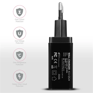 Axagon ACU-QS24 QC3.0 + 5V-1.2A fekete fali töltő Axagon ACU-QS24 QC3.0 + 5V-1.2A fekete fali töltő