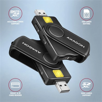 Axagon CRE-SMP2A USB Smart card & SD/microSD/SIM card PocketReader összecsukható okos kártyaolvasó Axagon CRE-SMP2A USB Smart card & SD/microSD/SIM card PocketReader összecsukható okos kártyaolvasó