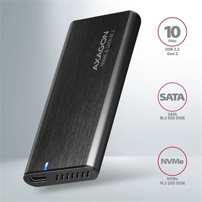 Axagon EEM2-SB2 USB-C 3.2 Gen 2 - M.2 NVMe/SATA fekete csavar nélküli külső SSD ház Axagon EEM2-SB2 USB-C 3.2 Gen 2 - M.2 NVMe/SATA fekete csavar nélküli külső SSD ház