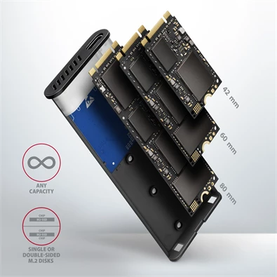 Axagon EEM2-SB2 USB-C 3.2 Gen 2 - M.2 NVMe/SATA fekete csavar nélküli külső SSD ház Axagon EEM2-SB2 USB-C 3.2 Gen 2 - M.2 NVMe/SATA fekete csavar nélküli külső SSD ház