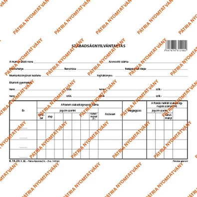 B.18-50 A5 fekvő "Szabadságnyilvántartás" nyomtatvány B.18-50 A5 fekvő "Szabadságnyilvántartás" nyomtatvány