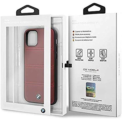 BMW iPhone 11 Pro vízszintesen csíkozott burgundi vörös kemény bőrtok BMW iPhone 11 Pro vízszintesen csíkozott burgundi vörös kemény bőrtok