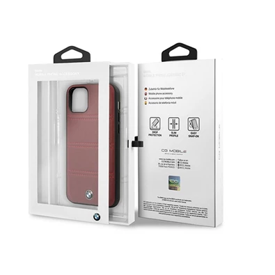 BMW iPhone 11 Pro vízszintesen csíkozott burgundi vörös kemény bőrtok BMW iPhone 11 Pro vízszintesen csíkozott burgundi vörös kemény bőrtok