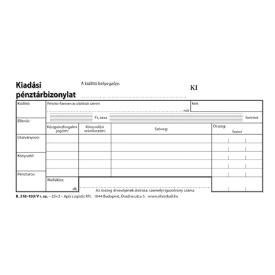 B.318-103/V 25x2lapos "Kiadási pénztárbizonylat" nyomtatvány B.318-103/V 25x2lapos "Kiadási pénztárbizonylat" nyomtatvány