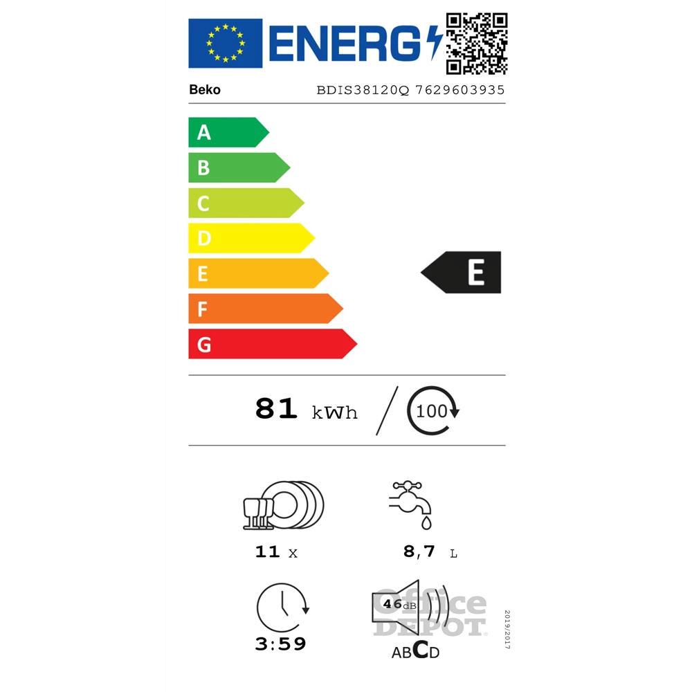 Beko BDIS38120Q programok száma: 8, keskeny beépíthető, 11 terítékes mosogatógép 