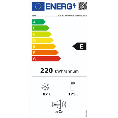 Beko RCSA270K40WN alulfagyasztós hűtőszekrény Beko RCSA270K40WN alulfagyasztós hűtőszekrény
