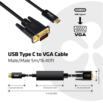 CLUB3D USB Type C - D-SUB Active 5m kábel CLUB3D USB Type C - D-SUB Active 5m kábel