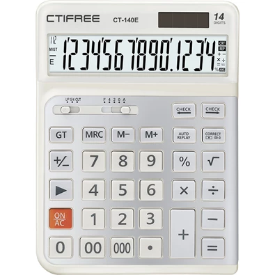 CTIFREE CT-140E fehér ergonómikus számológép, 145x198mm, 14 számjegy, dual power, 2 év garancia