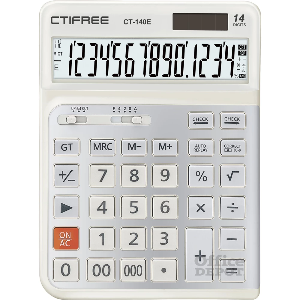 CTIFREE CT-140E fehér ergonómikus számológép, 145x198mm, 14 számjegy, dual power, 2 év garancia