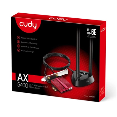CUDY WE4000 háromsávos AX5400 WiFi 6E, intel AX210, Bluetooth 5.2, PCI Express hálózati kártya CUDY WE4000 háromsávos AX5400 WiFi 6E, intel AX210, Bluetooth 5.2, PCI Express hálózati kártya