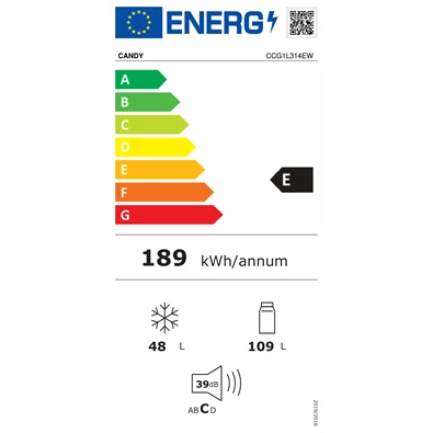 Candy CCG1L314EW fehér, alulfagyasztós, Hűtő:109L, Fagyasztó:48L, hűtőszekrény