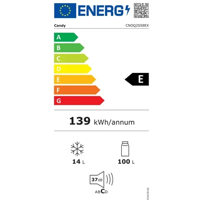 Candy CNOQ2S58EX inox, egyajtós, Hűtő:100+14L, hűtőszekrény