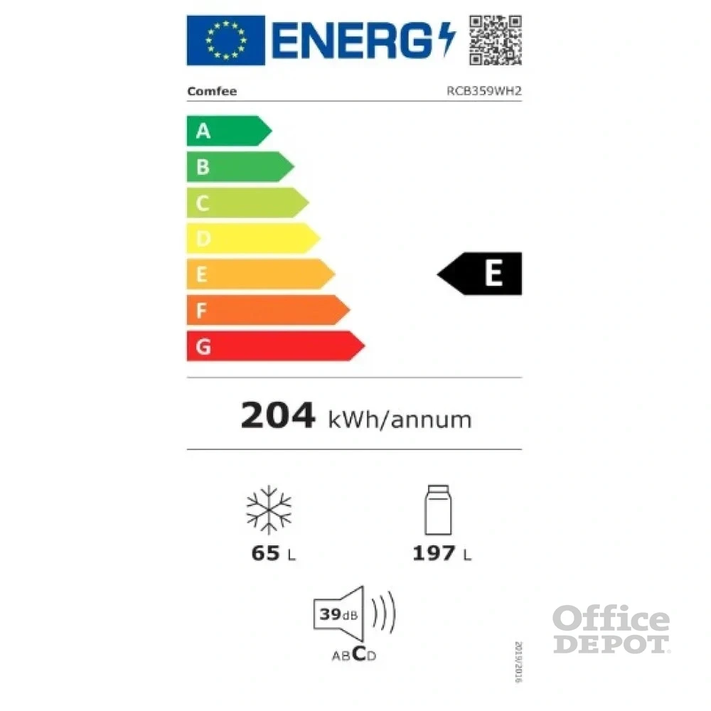 Comfee RCB359WH2 fehér, alulfagyasztós, Hűtő:197L, Fagyasztó:65L, hűtőszekrény