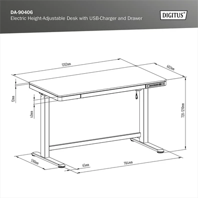 DIGITUS DA-90406 Elektromosan állítható magasságú fehér íróasztal USB-töltővel és fiókkal DIGITUS DA-90406 Elektromosan állítható magasságú fehér íróasztal USB-töltővel és fiókkal