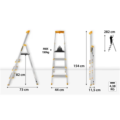 DRABEST MAX 4 (3+1) lépcsős professzionális alumínium létra, összecsukható, 150 kg teherbírás