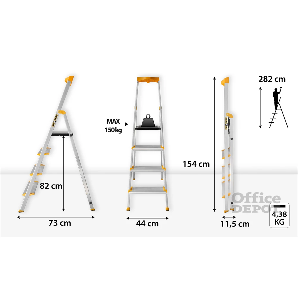 DRABEST MAX 4 (3+1) lépcsős professzionális alumínium létra, összecsukható, 150 kg teherbírás