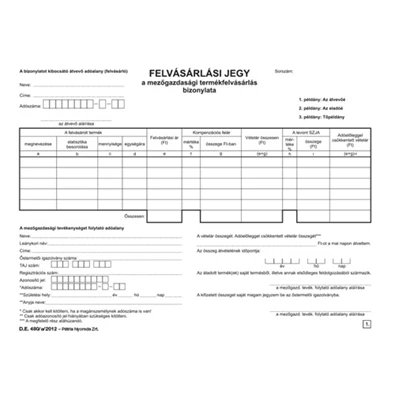 D.E.480/A/2012 A5 50x3 lapos Felvásárlási jegy nyomtatvány